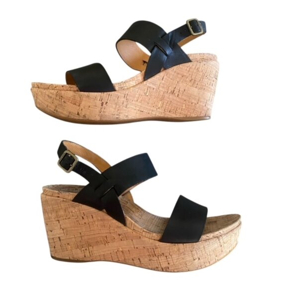 Kork-Ease Austin Black Leather Wedge Sandal 8 - Picture 1 of 6